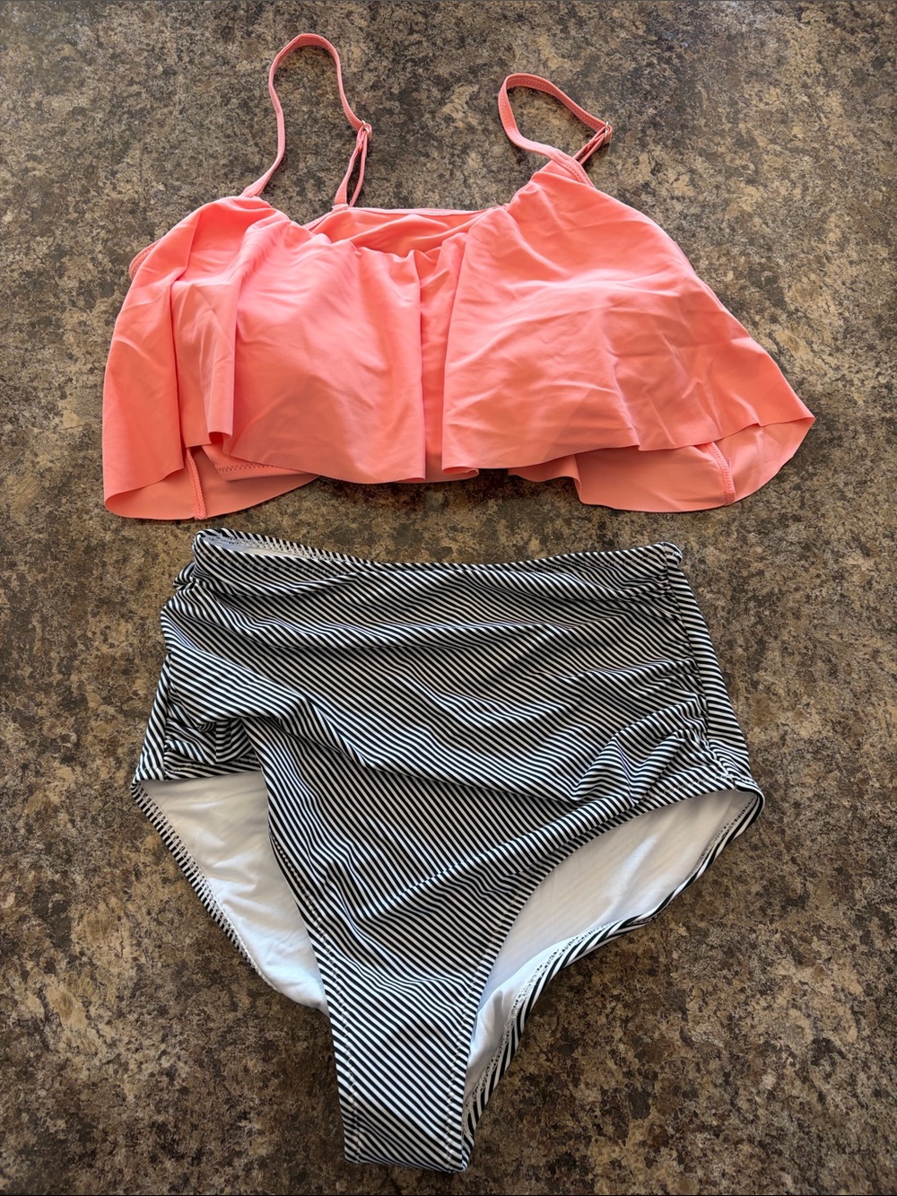 Coral Flounce Bikini Top with Black & White High-Waist Bottoms